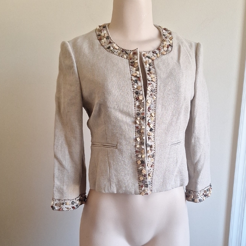 BCBGMAXAZRIA Beaded Cropped Linen Jacket | Boho Stone Embellished Blazer Tan XS